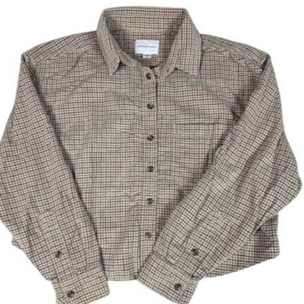 American Eagle Shirt Womens S Tan Plaid Corduroy Cropped Button Down Long Sleeve